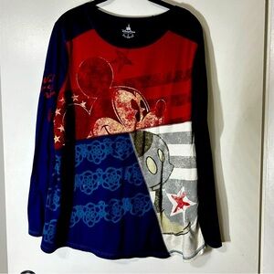 Disney American Flag Long Sleeve Shirt Women's Red White Blue Mickey Mouse Sz XL